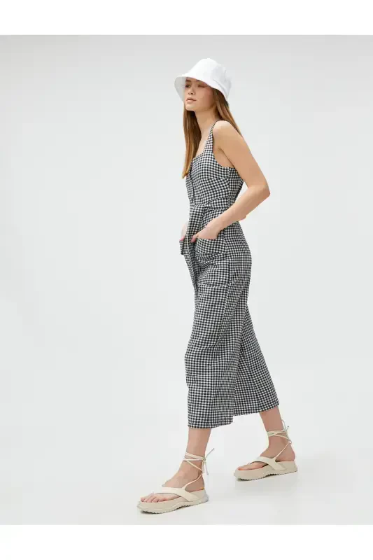 Wide Leg Jumpsuit Suspender Belted Pocketed Button Detailed - 1