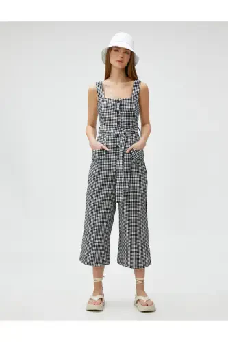 Wide Leg Jumpsuit Suspender Belted Pocketed Button Detailed - 3