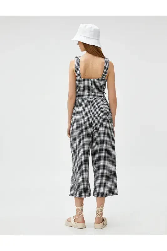 Wide Leg Jumpsuit Suspender Belted Pocketed Button Detailed - 4