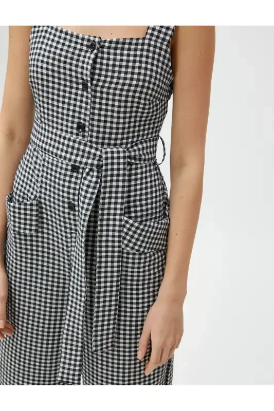 Wide Leg Jumpsuit Suspender Belted Pocketed Button Detailed - 5