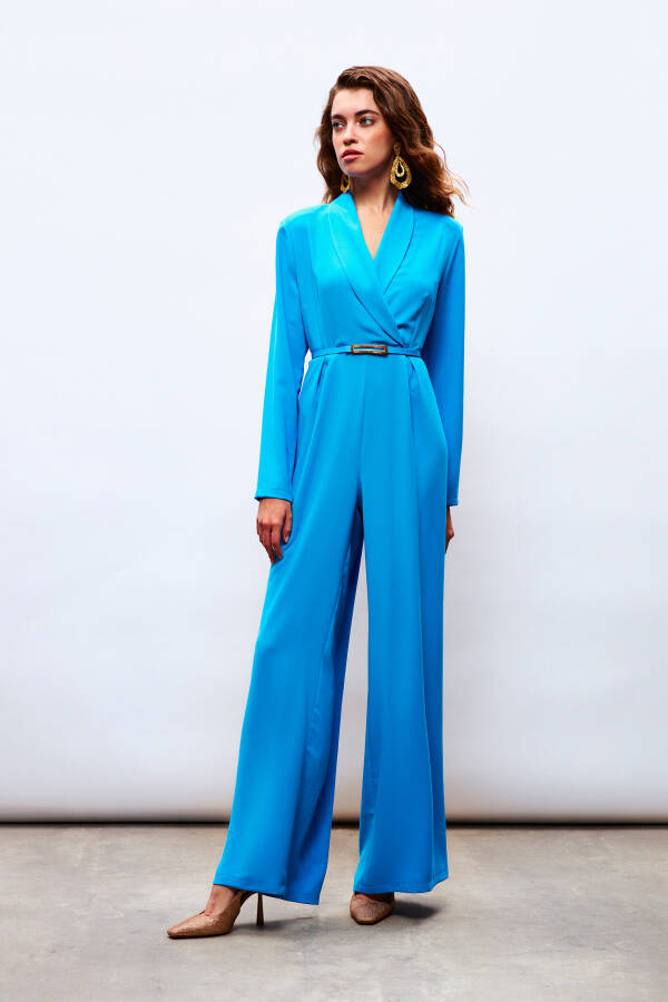 Wide Leg Jumpsuit with Belt - Blue - 2