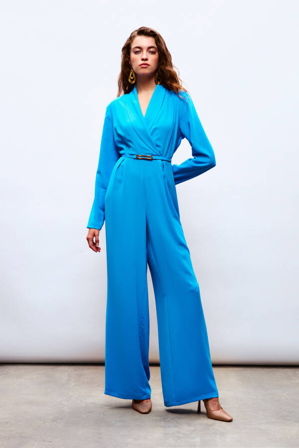 Wide Leg Jumpsuit with Belt - Blue - 3