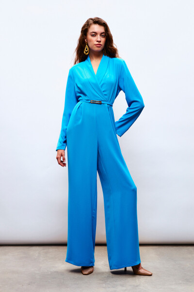 Wide Leg Jumpsuit with Belt - Blue - 4