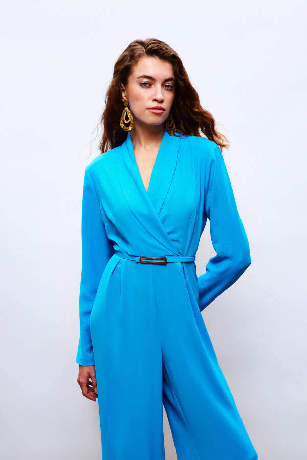 Wide Leg Jumpsuit with Belt - Blue - 5