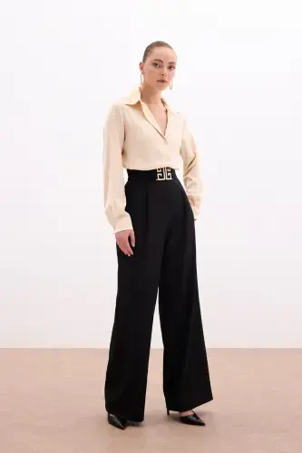 Wide Leg Pants with Belt Accessory - BLACK - 3