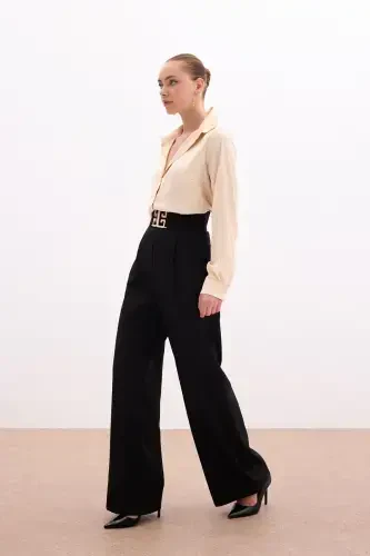 Wide Leg Pants with Belt Accessory - BLACK - 5