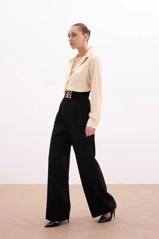 Wide Leg Pants with Belt Accessory - BLACK - 5