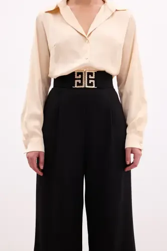 Wide Leg Pants with Belt Accessory - BLACK - 6