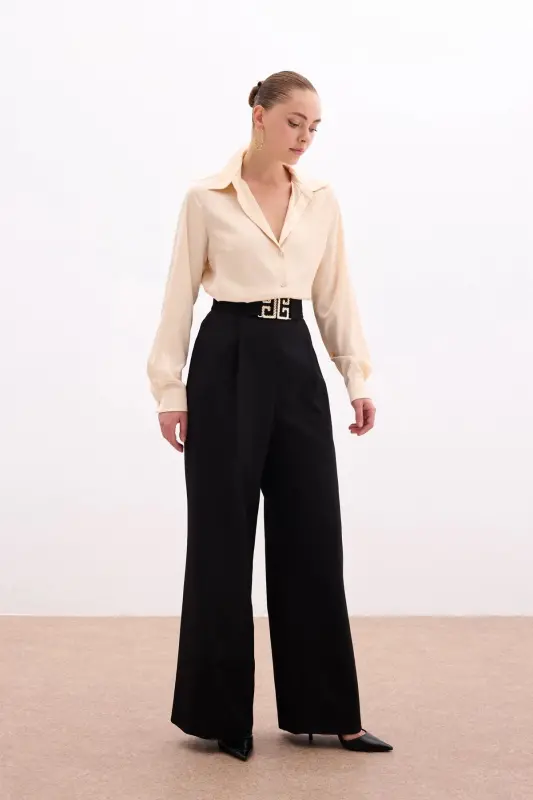 Wide Leg Pants with Belt Accessory - BLACK - SATEEN