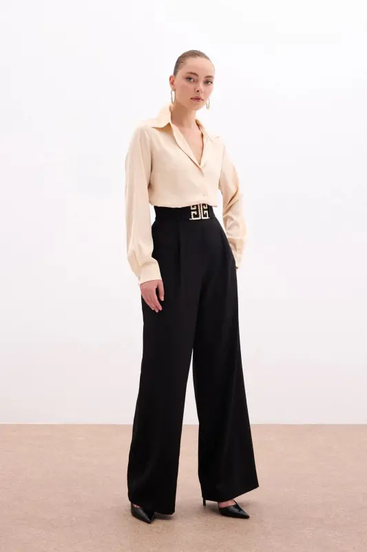 Wide Leg Pants with Belt Accessory - BLACK - 3