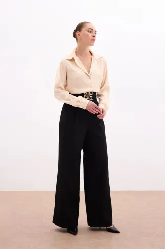 Wide Leg Pants with Belt Accessory - BLACK - 4