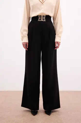 Wide Leg Pants with Belt Accessory - BLACK - 7