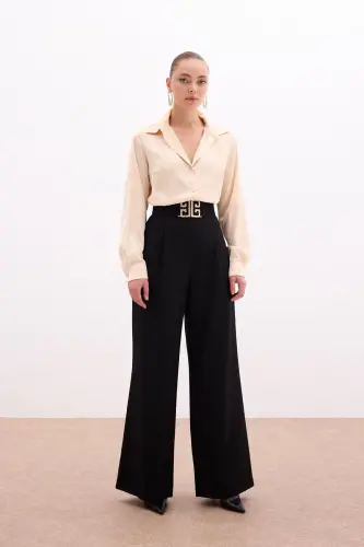 Wide Leg Pants with Belt Accessory - BLACK - SATEEN (1)