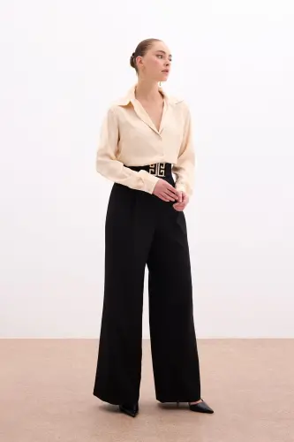 Wide Leg Pants with Belt Accessory - BLACK - 4