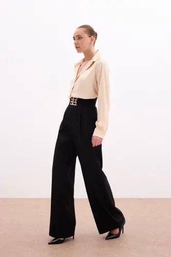 Wide Leg Pants with Belt Accessory - BLACK - 5