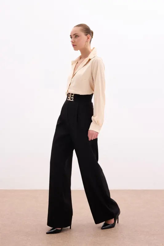 Wide Leg Pants with Belt Accessory - BLACK - 5