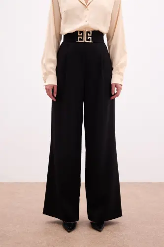 Wide Leg Pants with Belt Accessory - BLACK - 7