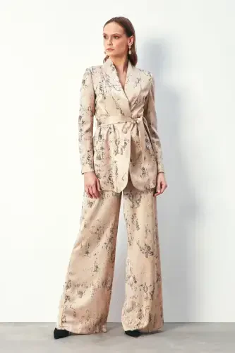 Wide Leg Pants with Bright Pattern - BEIGE - SATEEN (1)