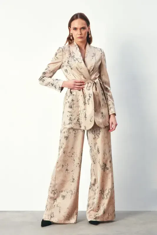 Wide Leg Pants with Bright Pattern - BEIGE - 3