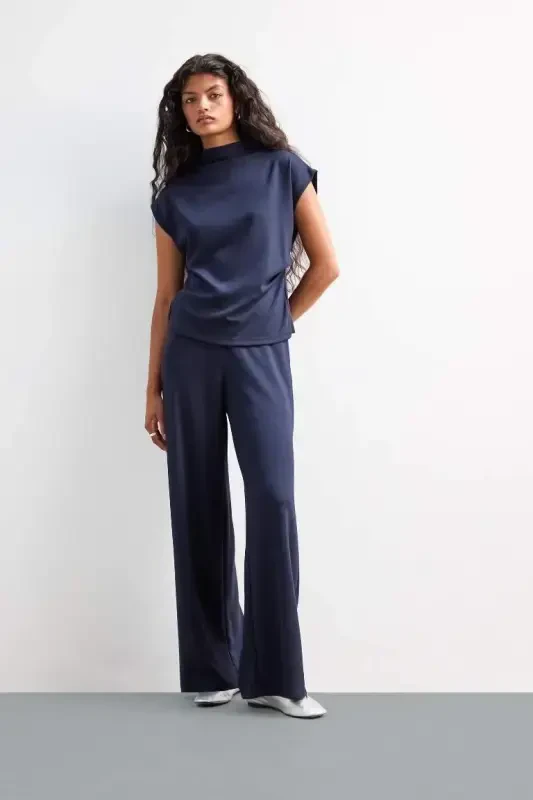 Wide Leg Pique Pants - Navy Blue - DEFACTO
