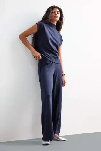 Wide Leg Pique Pants - Navy Blue - DEFACTO (1)