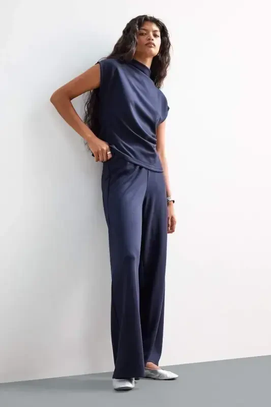 Wide Leg Pique Pants - Navy Blue - 2