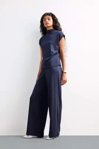Wide Leg Pique Pants - Navy Blue - 3