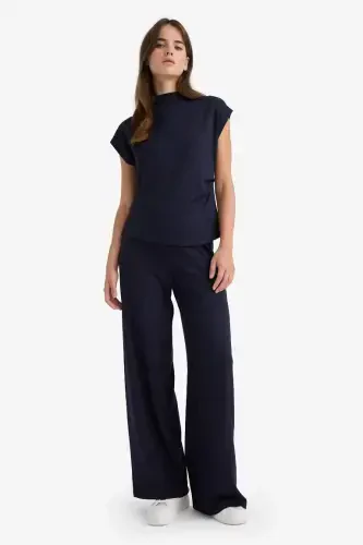 Wide Leg Pique Pants - Navy Blue - 4