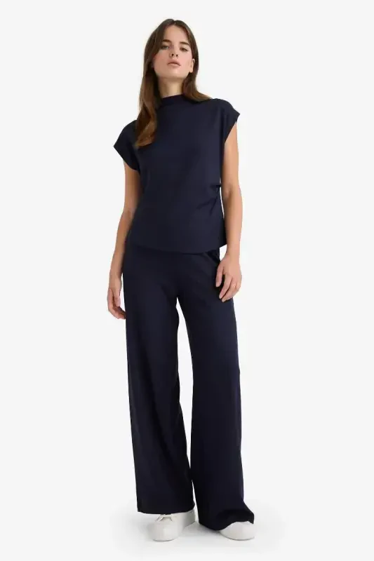 Wide Leg Pique Pants - Navy Blue - 4