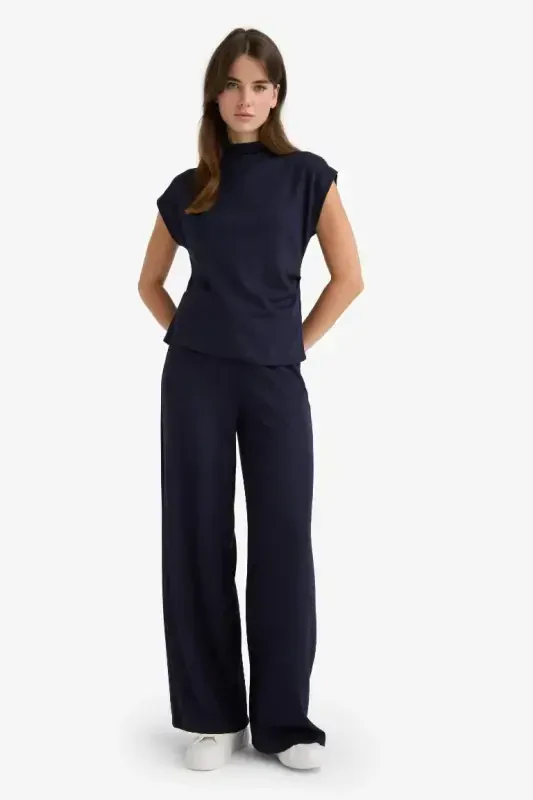 Wide Leg Pique Pants - Navy Blue - 5