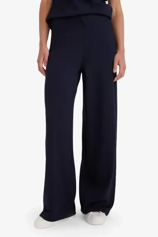 Wide Leg Pique Pants - Navy Blue - 6