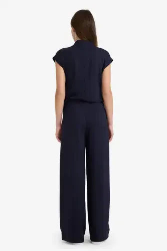 Wide Leg Pique Pants - Navy Blue - 7