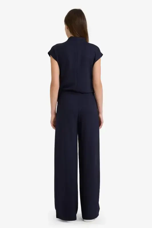Wide Leg Pique Pants - Navy Blue - 7