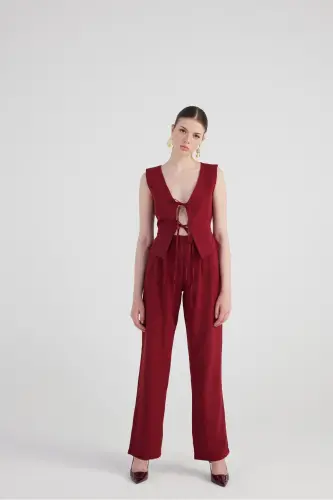 Wide Leg Pleated High Waisted Palazzo Giselle Trousers Burgundy - 5