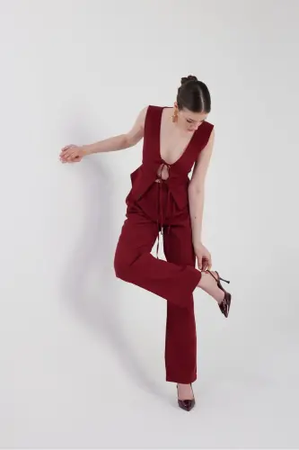 Wide Leg Pleated High Waisted Palazzo Giselle Trousers Burgundy - 6