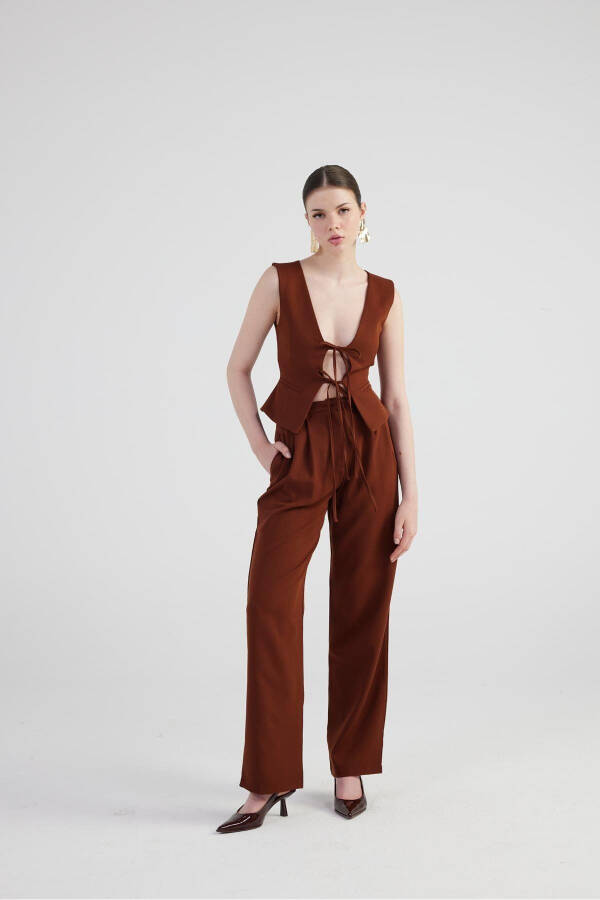Wide Leg Pleated High Waisted Palazzo Giselle Trousers Coffee - 1