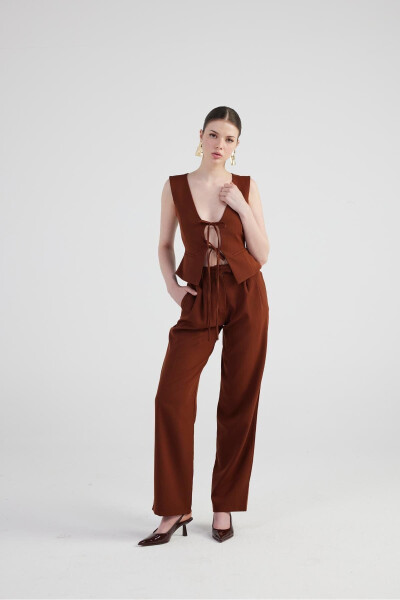 Wide Leg Pleated High Waisted Palazzo Giselle Trousers Coffee - 4