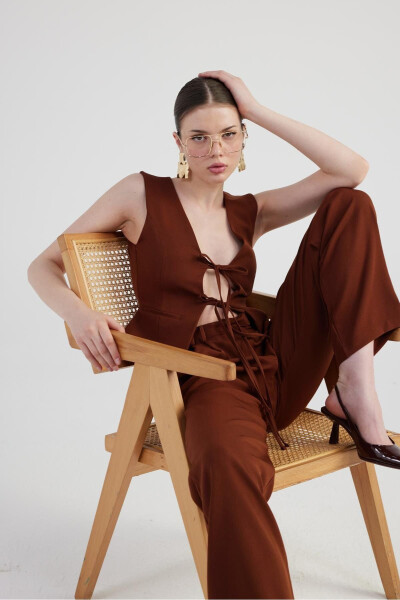 Wide Leg Pleated High Waisted Palazzo Giselle Trousers Coffee - HOLLY LOLLY (1)