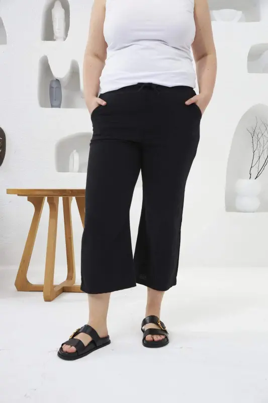 Wide Leg Plus Size Cotton Capri Pants Black - BÜYÜKBEDENIZ