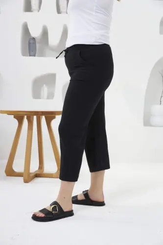 Wide Leg Plus Size Cotton Capri Pants Black - BÜYÜKBEDENIZ (1)