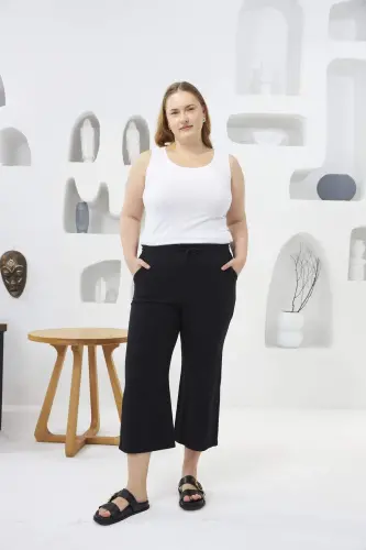 Wide Leg Plus Size Cotton Capri Pants Black - 4