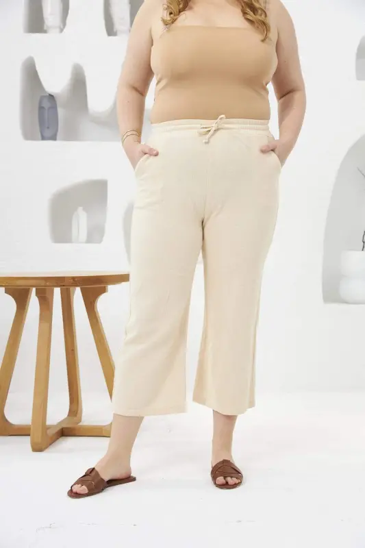 Wide Leg Plus Size Cotton Capri Pants Cream - BÜYÜKBEDENIZ