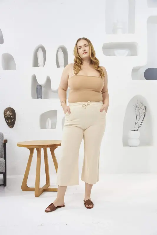 Wide Leg Plus Size Cotton Capri Pants Cream - 8
