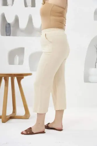 Wide Leg Plus Size Cotton Capri Pants Cream - BÜYÜKBEDENIZ (1)