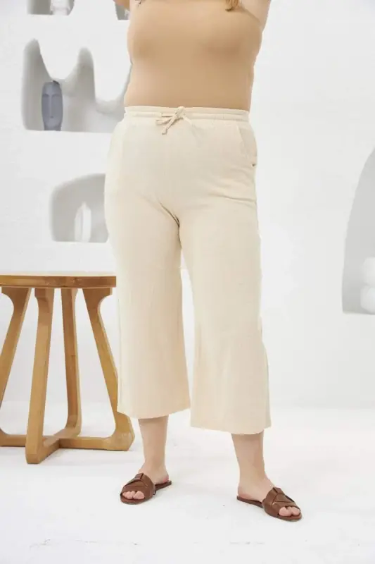 Wide Leg Plus Size Cotton Capri Pants Cream - 3