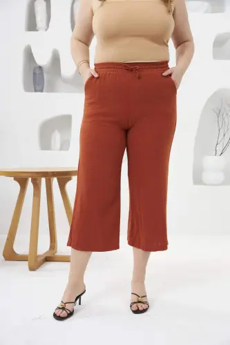 Wide Leg Plus Size Cotton Capri Trousers Brick Red - 1