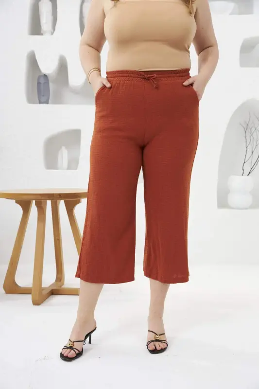 Wide Leg Plus Size Cotton Capri Trousers Brick Red - BÜYÜKBEDENIZ