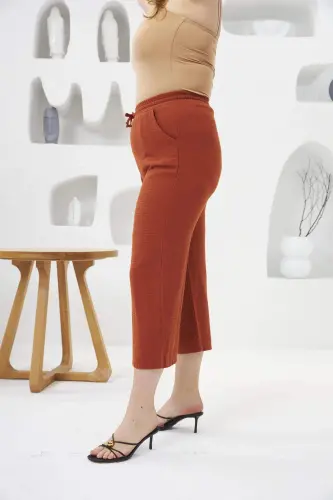 Wide Leg Plus Size Cotton Capri Trousers Brick Red - BÜYÜKBEDENIZ (1)