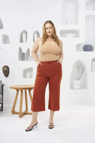 Wide Leg Plus Size Cotton Capri Trousers Brick Red - 3