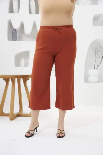 Wide Leg Plus Size Cotton Capri Trousers Brick Red - 4
